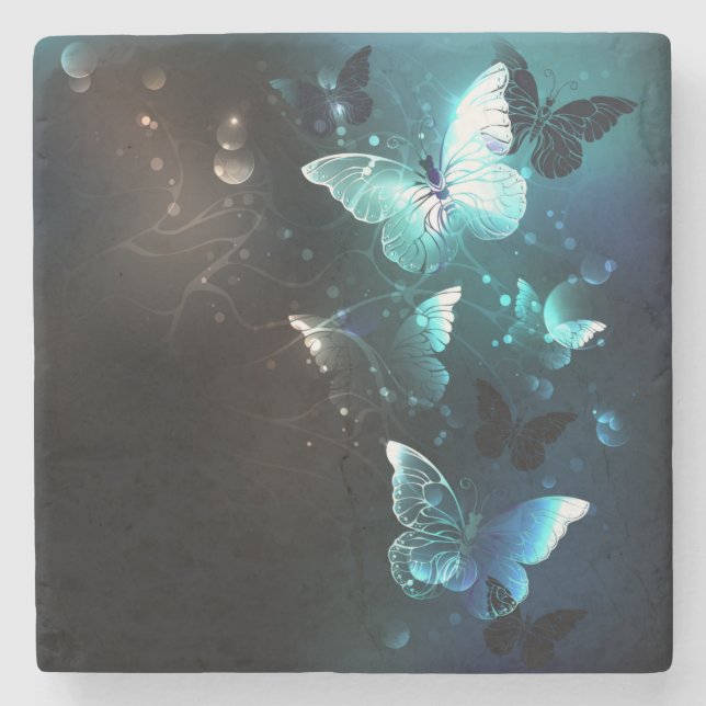 Mint Night Butterflies Stone Coaster (Front)