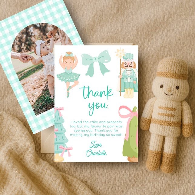 Mint Nutcracker Birthday Photo Thank You Card (Creator Uploaded)