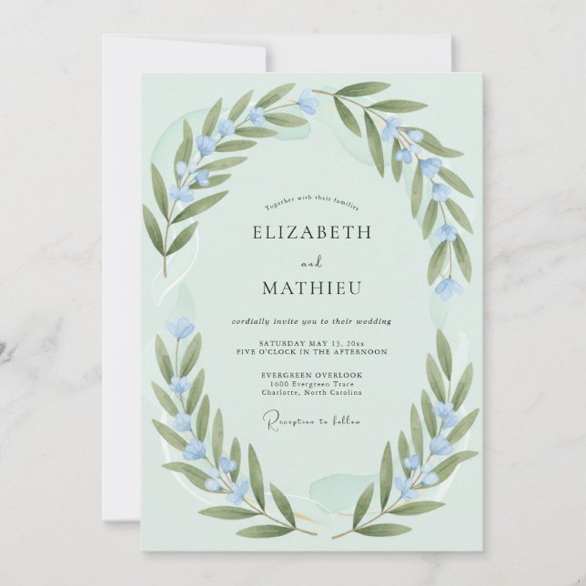Mint Olive Leafy Wedding Invitation (Front)