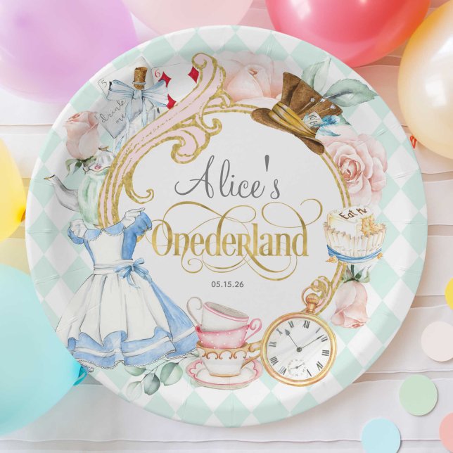 Mint, Onederland, Girl 1st birthday tea party Paper Plate (Teal, Alice Onederland, girl 1st birthday, Mad hatter tea party birthday paper plate.)