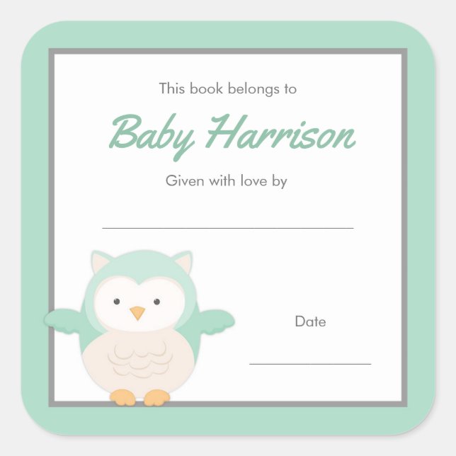 Mint Owl Baby Shower Bookplate, neutral book Square Sticker (Front)