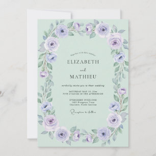 Mint Pale Lilac Wreath Wedding Invitation