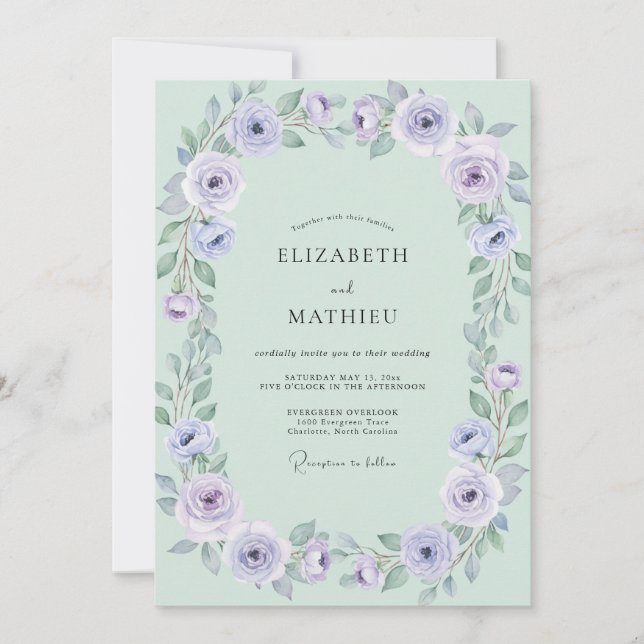 Mint Pale Lilac Wreath Wedding Invitation (Front)