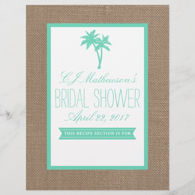 Mint Palm Tree Beach Bridal Shower Recipe Divider (Front)