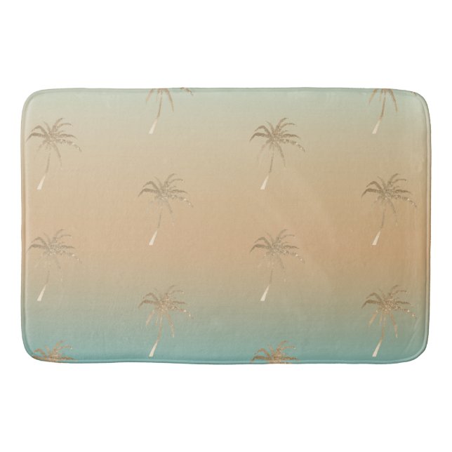 Mint Peach Aqua Tropical Gold Palm Trees           Bath Mat (Front)