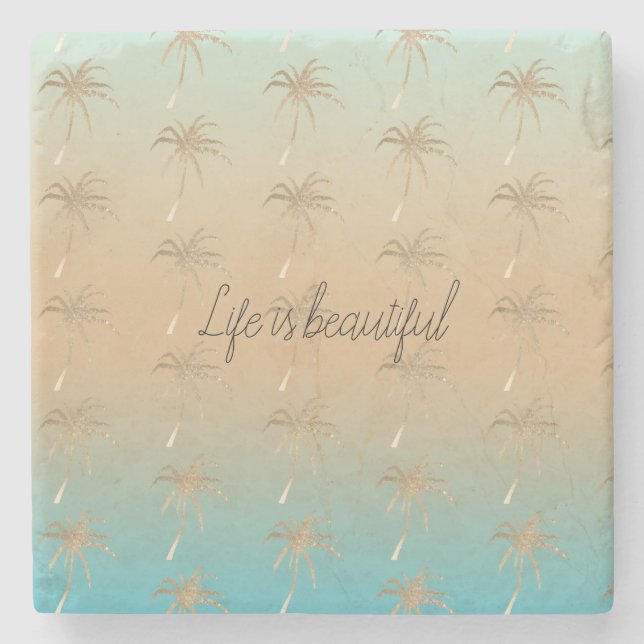 Mint Peach Aqua Tropical Gold Palm Trees Stone Coaster (Front)