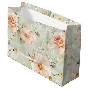 Mint Peach Blush Roses Floral Bridal Shower Large Gift Bag