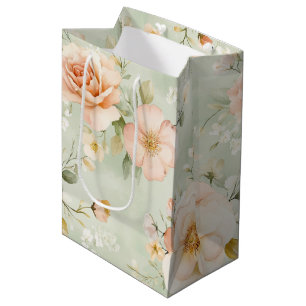 Mint Peach Blush Roses Floral Bridal Shower Medium Gift Bag