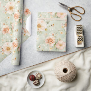 Mint Peach Blush Roses Floral Bridal Shower Wrapping Paper