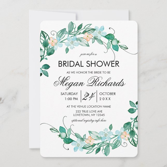 Mint Peach Floral Wreath Bridal Shower Invitation (Front)
