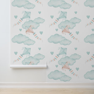 Mint Peach Kites Clouds Hearts Baby Girl Nursery Wallpaper