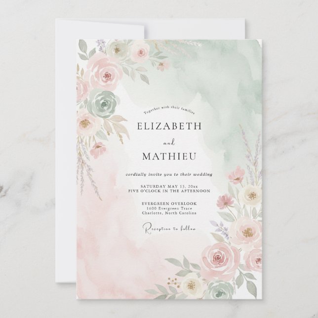 Mint Peach Painted Wedding Invitation (Front)