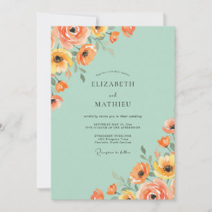 Mint Peach Poppy Wedding Invitation