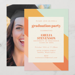 Mint Peach Retro Stripes Photo Graduation Party  Invitation