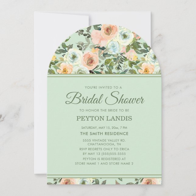 Mint Peach Watercolor Floral Arch Bridal Shower Invitation (Front)