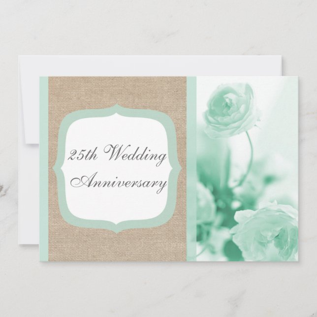 Mint Peony Burlap Wedding Anniversary Invitation (Front)