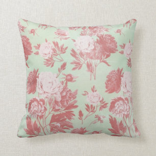 Mint Peony Vintage Flowers Throw Pillow