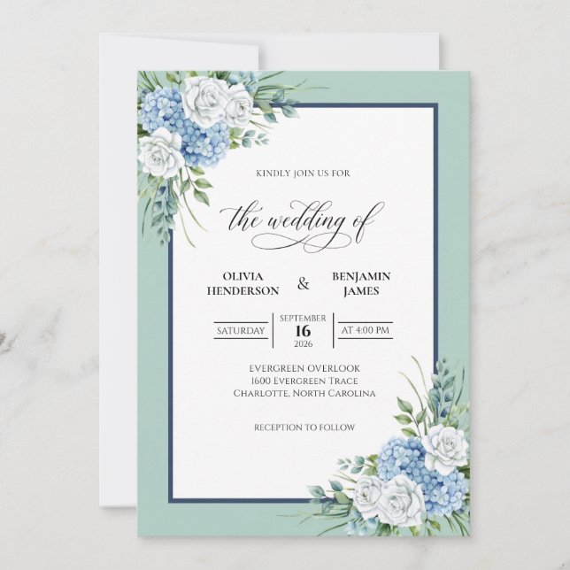 Mint Periwinkle Hydrangea Grey Eucalyptus Wedding Invitation (Front)