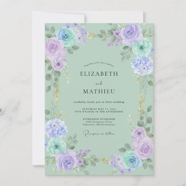 Mint Periwinkle Ranunculus Grey Eucalyptus Wedding Invitation (Front)
