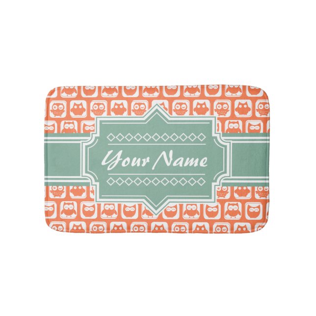 Mint Personalised Name Orange Owls Bath Mat (Front)