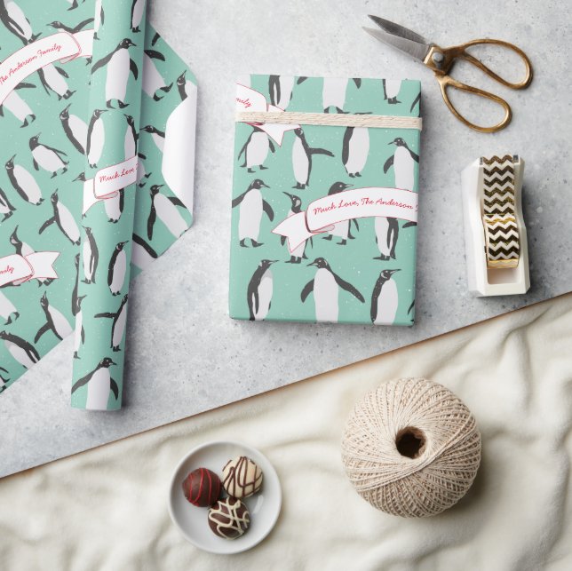 Mint Personalised Penguin Pattern Wrapping Paper (Crafts)