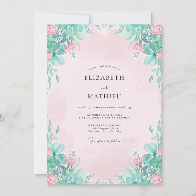 Mint Petal Pink Blossom Wedding Invitation (Front)