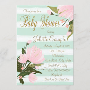 Mint Pink and Gold Stripe Baby Shower Invitation