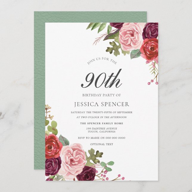 Mint Pink Blush Floral 90th Birthday Party Invite (Front/Back)