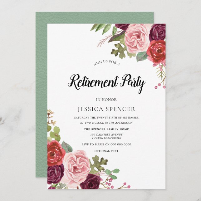 Mint & Pink Blush Floral Retirement Party Invite (Front/Back)