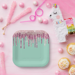 Mint Pink Blush Ice Cream Glitter Drips Birthday Paper Plate