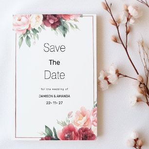 Mint pink burgundy watercolor floral Save The Date Invitation