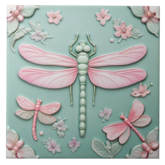 Mint & Pink Dragonfly and Flowers Girly Floral Tile (Front)