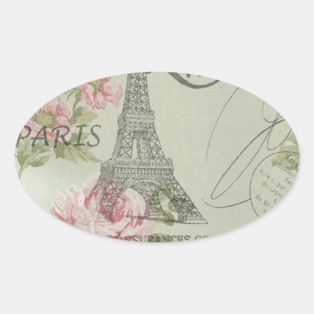 mint pink floral botanical paris eiffel tower oval sticker (Front)