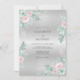 Mint Pink Floral Flourish Wedding Invitation