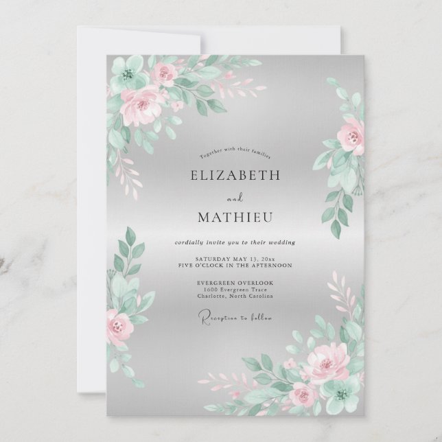 Mint Pink Floral Flourish Wedding Invitation (Front)