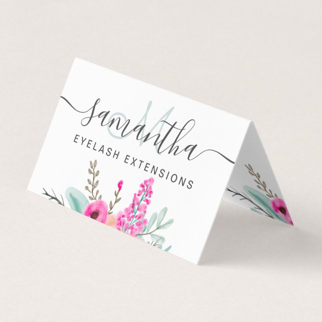 Mint pink floral watercolor eye aftercare business card (Front)