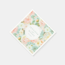 Mint Pink Floral Wedding Monogram Paper Napkins