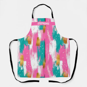 Mint Pink Gold Abstract Brushstroke Pattern Apron