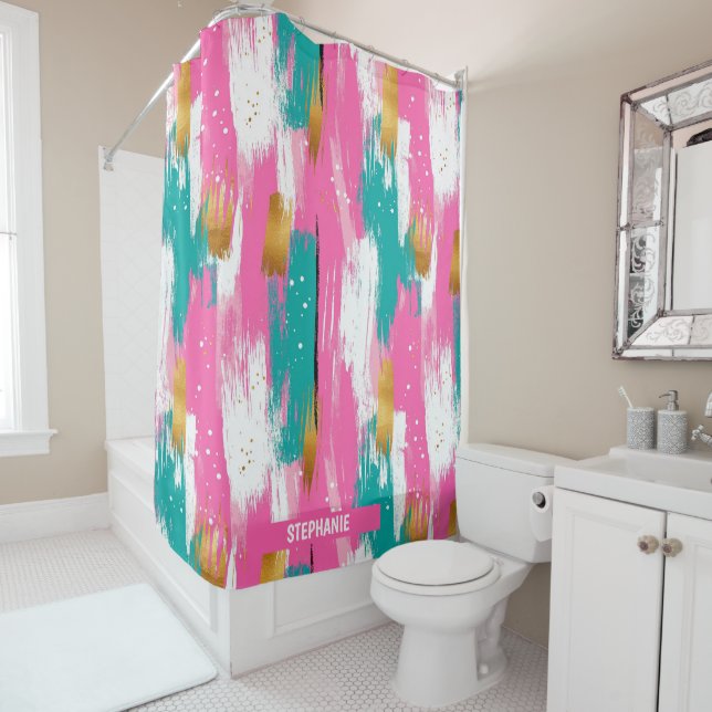 Mint Pink Gold Abstract Brushstroke Pattern Shower Curtain (In Situ)