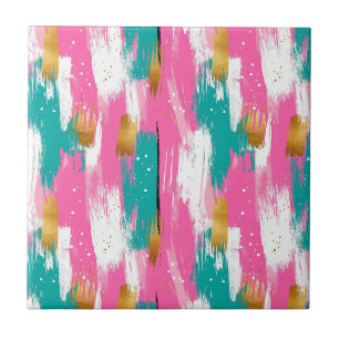 Mint Pink Gold Abstract Brushstroke Pattern Tile