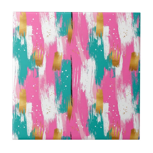 Mint Pink Gold Abstract Brushstroke Pattern Tile (Front)