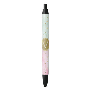 Mint Pink Gold Ombre Confetti Monogram Black Ink Pen