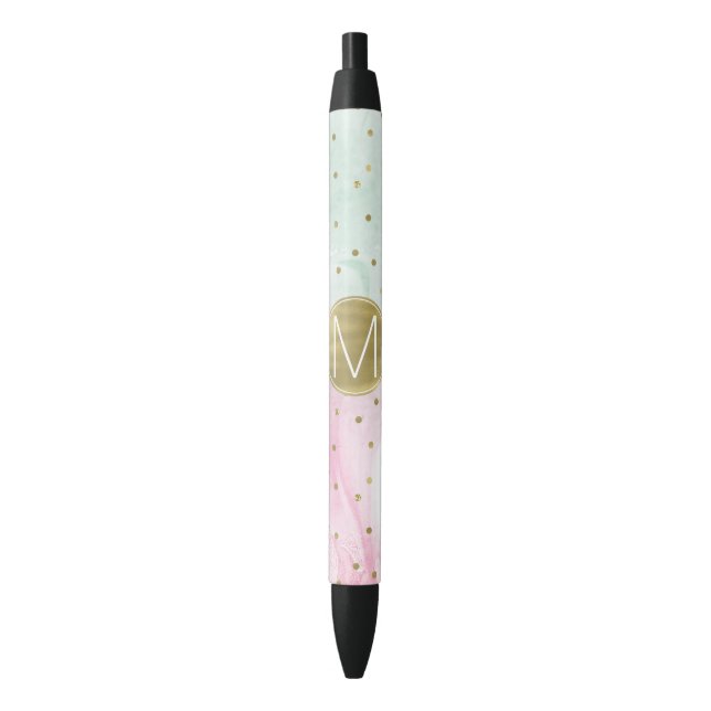 Mint Pink Gold Ombre Confetti Monogram Black Ink Pen (Front Vertical)