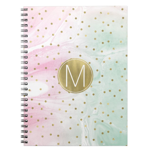 Mint Pink Gold Ombre Confetti Monogram Spiral Notebook (Front)