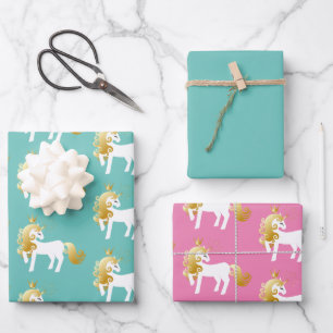 Mint Pink Gold White Unicorn Birthday Wrapping Paper Sheet