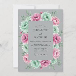 Mint Pink Grey Botanical Wedding Invitation