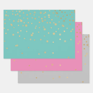 Mint Pink Grey Gold Confetti Wrapping Paper Sheet