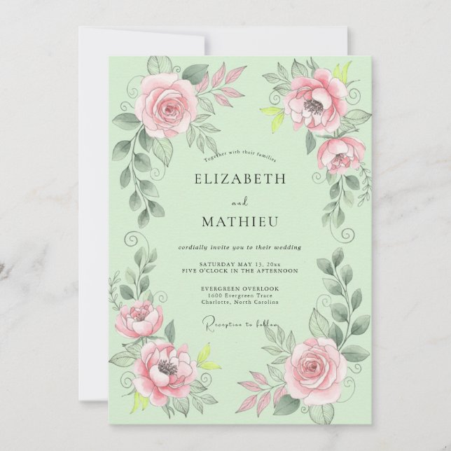 Mint Pink Ranunculus Eucalyptus Wedding Invitation (Front)