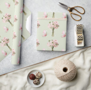 Mint Pink Ranunculus Flowers Butterflies Birthday Wrapping Paper
