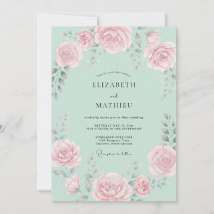 Mint Pink Rose Bloom Wedding Invitation